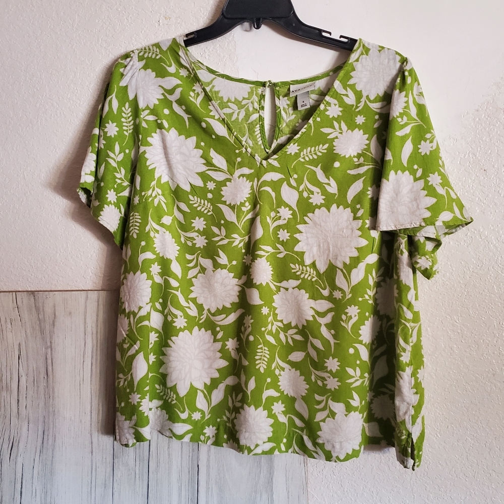 Ava & Viv Linen Blend Green Cream Flutter Sleeve Pullover Blouse Women's Sz X